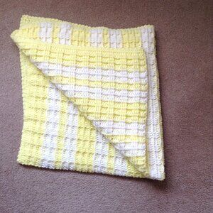 Handmade Crochet Yellow White Baby Blanket Throw  44" x 50" Warm Comfy Soft